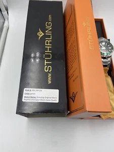 Stuhrling Regatta Champion Quartz Professional Diver Black Green Bezel Swiss - Picture 1 of 8