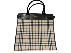 Vintage Burberry Nova Check Canvas Leather Tote Handbag Brown A4 - US Shipper - Picture 1 of 16