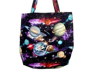 BORSA TOTE BAG COTONE STAMPA PIANETI SCIENZA SPAZIALE REVERSIBILE FATTA A MANO FODERATA CON TASCA - Foto 1 di 4