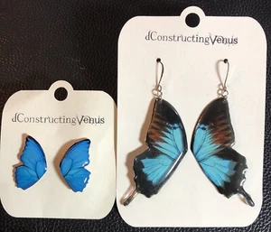 Butterfly Wing Earrings Blue Morpho Handmade Resin OOAK Stud Dangle Lot 2pr 7639 - Picture 1 of 8