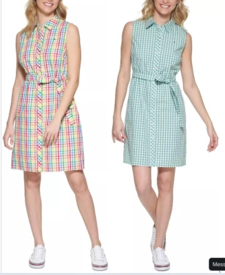 🇺🇸 TOMMY HILFIGER - CHECKED BUTTON DOWN SLEEVELESS TIE FRONT SHIRT DRESS - NWT - Image 1 of 2