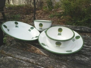 2 ASSIETTES + 2 BOLS EMAILLEES ARBRES EMAIL VERITABLE VERT 800°C FABRIQUE FRANCE - Picture 1 of 1