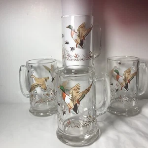 VINTAGE LIBBY  Clear Glasses Beer Mugs With Ducks Mallards- Set of 4 glasses - Picture 1 of 9