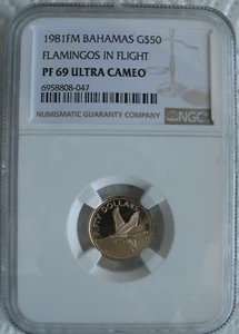 Bahamas 1981-FM Gold 50 Dollars NGC PF-69 Ult.Cameo Flamingos In Flight - Picture 1 of 3