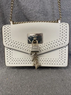 DKNY Elissa White Leather Flap Bag Crossbody Gold Chain Charm Logo - Image 1 of 4