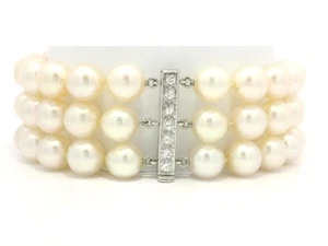 Vintage 3 Strand Pearl Bracelet w/ Diamond White Gold Bars & Slide Clasp - Picture 1 of 8