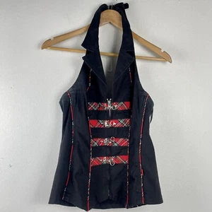 VTG Y2K Tripp NYC Women Black/Plaid/ Red Halter Vest Tank Large Vampy Goth Rave - Picture 1 of 5