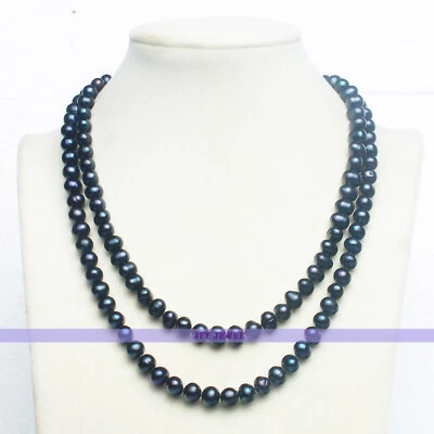 Natural Freshwater Black Pearl Chain Necklace Long 35" Jewelry for women men - Image 1 of 4