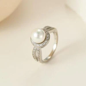 Holiday Gift Round Cut Real Pearl White Cubic Zirconia Silver Rings Us Size 6-10 - Picture 1 of 5