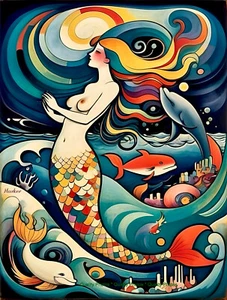 Mermaid and Whales in Storm 8.5x11" Photo Print Style of Kandinsky / Harker Art - Picture 1 of 1
