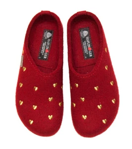 HAFLINGER Grizzly Cuoricini Clog Wool rubin red gold Slipper Germany New - Picture 1 of 5