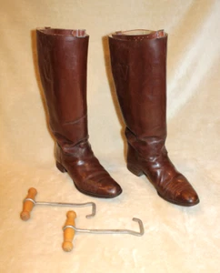 VTG EQUESTRIAN TALL BROWN LEATHER PULL ON HORSEBACK RIDING BOOTS, LEATHER SOLE - Picture 1 of 24