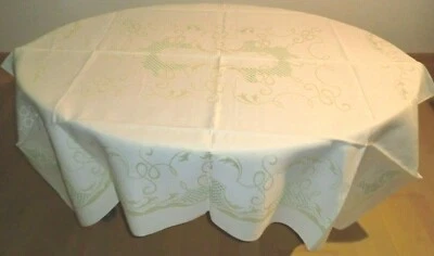 Tischdecke zartgelb 125 x 145 cm Stickerei Rauten hellgrün Baumwoll-Damast MS28 - Bild 1 von 3