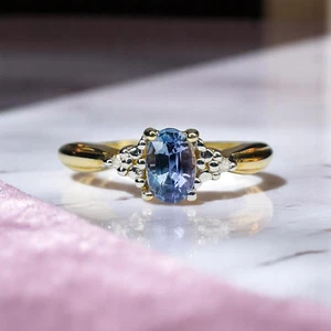 10K Gold- Natural Sapphire & Diamond Ring- Sz 7.25- Ceylon Sapphire Light Blue - Picture 1 of 24