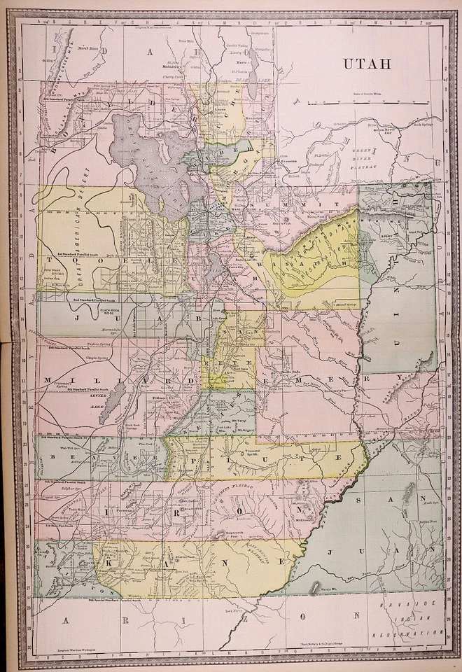 Hermoso mapa de ferrocarril y condado de 1882 del territorio UTAH ~ envío y devolución gratuitos (15x21) Foto 1 de 1