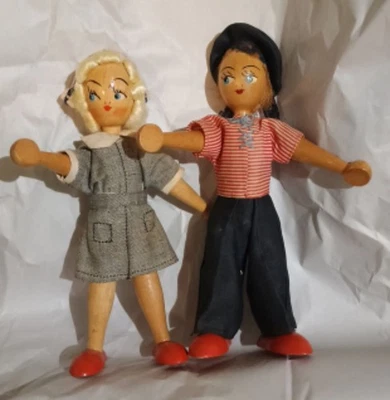 Vintage  Wood Pin Peg Dolls~ 7-1/2" Made in Poland - Image 1 of 4