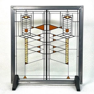 Frank Lloyd Wright Foundation Stained Glass Panel Geometric Design with Stand - Picture 1 of 5