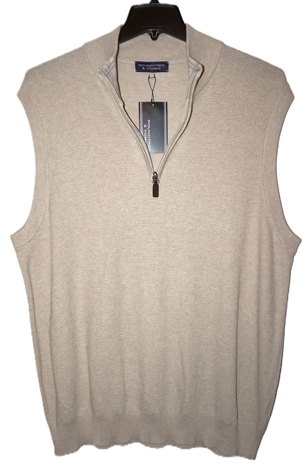 Mens Waffle-Knit 1/4 Zip Sweater Vest Tall XLT Oatmeal by Roundtree Yorke - Image 1 of 3