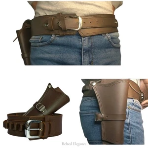GUN HOLSTER REVOLVER & PISTOL WITH WAIST BELT GENUINE BROWN LEATHER COWBOY STYLE - Picture 1 of 12