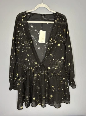 Mini Vestido Haoduoyi Para Mujer XL Estrella Dorada Luna Chifón Transparente Manga Larga Túnica Top Foto 1 de 4