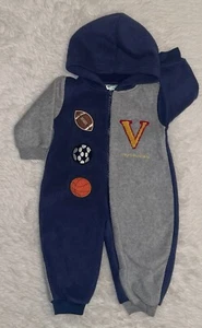 NWT SEARS BABY HOODED ONE PIECE 9 MONTHS BLUE GRAY SPORTS BALLS SOCCER FOOTBALL  - Picture 1 of 4