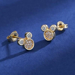Tiny Gold Disney Mickey Mouse Pave Cubic Zirconia Stud Earrings - Picture 1 of 3