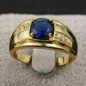 4.40CT Round Cut Sapphire & Diamond Engagement Men's Ring 14K Yellow Gold Over - Picture 1 of 5