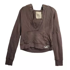 Hollister Deep V Neck Brown Pullover Hoodie Size Large Shorter Length Y2K - Picture 1 of 10