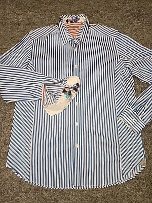 Camisa Ted Baker London Para Hombres 5 Azul Blanco Rayas Contraste Puño Abatible Floral  Foto 1 de 4