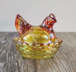 Marigold Carnival Glass Mini Hen on Nest Covered Candy Dish 3.5" -Glows! - Picture 1 of 8