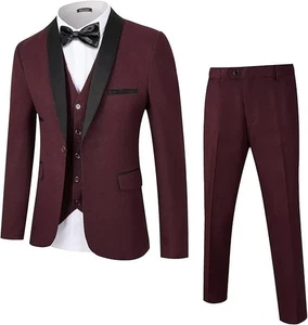 WEEN CHARM Men's Slim Fit 3 Piece Tuxedo Suit One Button Shawl Lapel Blazer XL - Picture 1 of 7