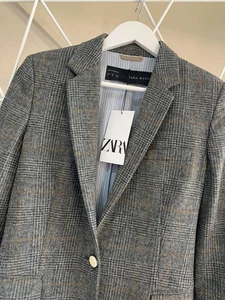 A063 ZARA CHECKED BLAZER WITH ELBOW PATCHES GRAY GREY JACKET COAT - XS - Picture 1 of 12