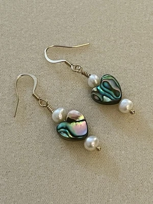 New Dainty Freshwater Pearl & Abalone Heart Earrings - Image 1 of 4