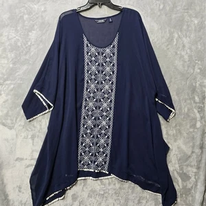 Lands' End Damen Badetunika Cover Up transparent dunkelblau weiß Stickerei Oversize - Bild 1 von 8