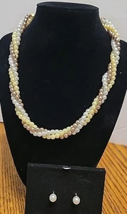 Avon Julie White Ivory & Bronze Pearl Necklace & Earrings 15" 16" 17" 18" ajust - Picture 1 of 7