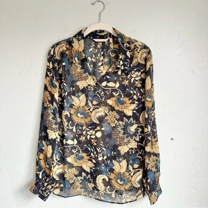 Weiche Umrandung Damen Herbst Mode Marine Gold Blumen Transparent Bluse Größe Small - Bild 1 von 6