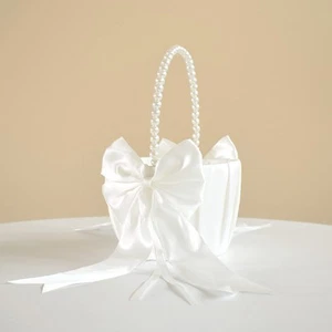 Wedding Flower Girl Basket with Cute Pearl Handle Bowknot Satin Flower Basket... - Picture 1 of 6