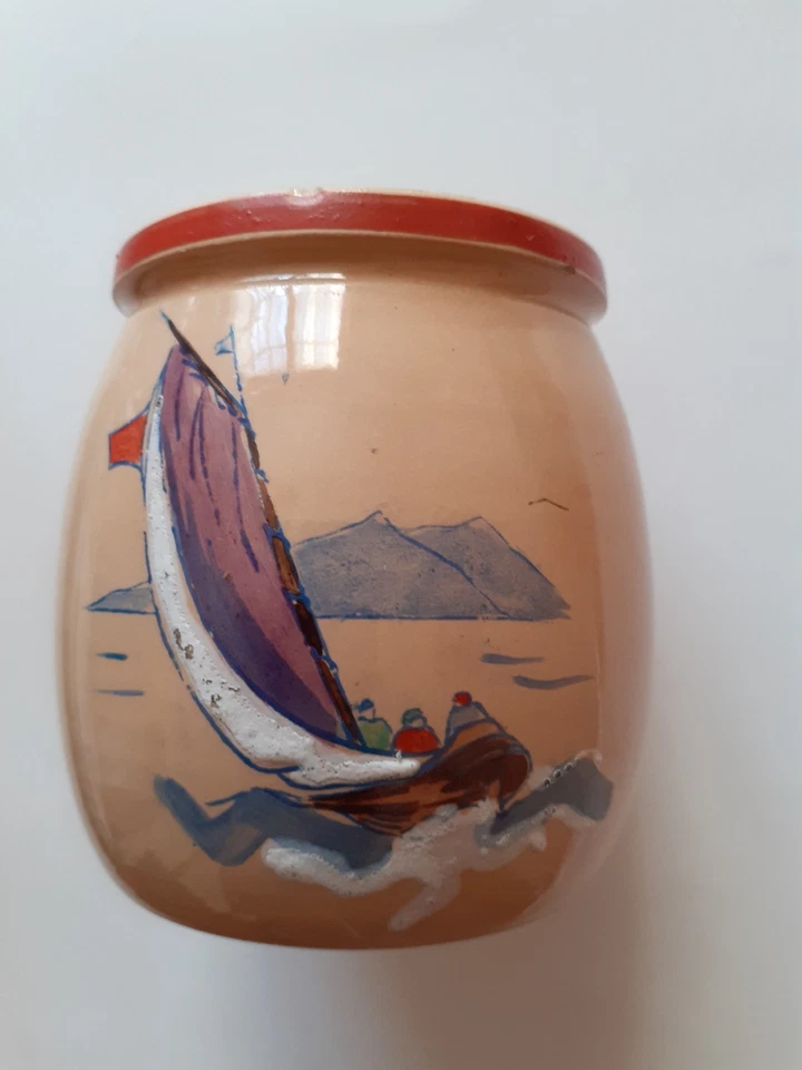 Ancien pot Yaourt peint Décor marin (publicité ,yoghourt, yahourt, lait) - Photo 1/4