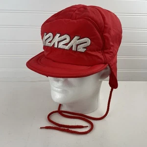 Vintage K2 Red Nylon Quilted Corduroy Trapper Ski Hat Rope Cap K2K2K2 Ear Flaps - Picture 1 of 11