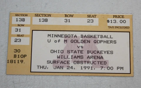 Minnesota Gophers Ticket Stub | January 24 1991 | Ohio State Buckeyes Cover