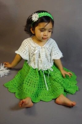 Handmade crochet girl baby dress - White Green - Image 1 of 4