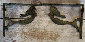 2 Rustic NAUTICAL Patina MERMAID Shelf BRACKETS Cast Iron metal Corner CORBELS - Picture 1 of 6