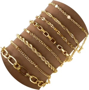 Gold Bracelets for Women, 14K Gold Plated Dainty Link Chain Bracelet Set, Trendy - Picture 1 of 12