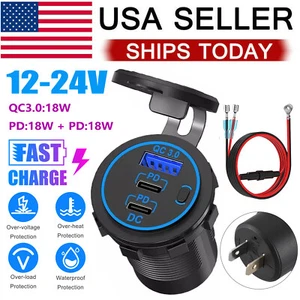 12-24V USB C 3 Port Fast Car Charger PD & QC3.0 Outlet Socket for Boat RV Marine - Zdjęcie 1 z 12