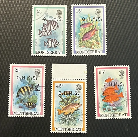 MONTSERRAT OVERPRINT O.H.M.S. LOT OF 5 FISH STAMPS, QUEEN ELIZABETH II Cover