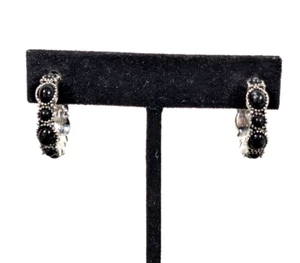 Chaps Black Cabochon Silver Tone Hoop Pierced Earrings Western Boho - Picture 1 of 12