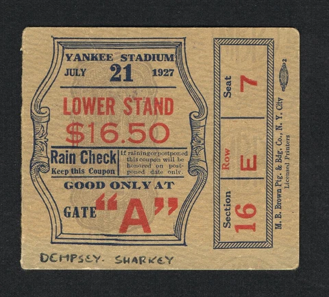 1927 JACK DEMPSEY vs Jack Sharkey boxing ticket Braddock Monte Muskie Sayers Cover