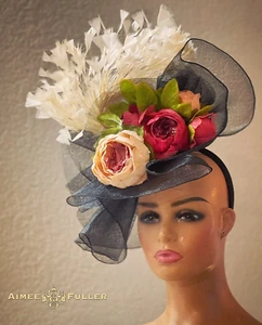 Royal Ascot Fascinator Kentucky Derby Hat Black Green Pink Pale Peach Holidays - Picture 1 of 24