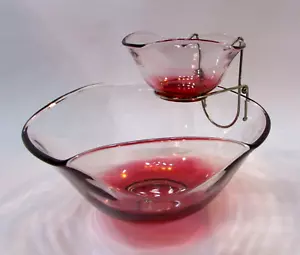 Vintage 60s Anchor Hocking Cranberry Pink Glass Chip Dip Bowl Pinch Tricorn Set - Picture 1 of 7