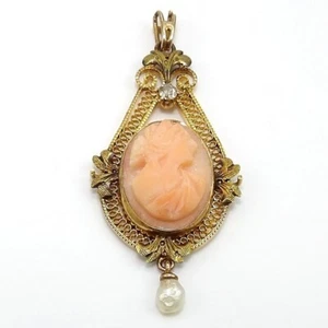 Colgante antiguo Art Nouveau oro 14K camafeo diamante semilla perla LNE2 de colección - Imagen 1 de 5